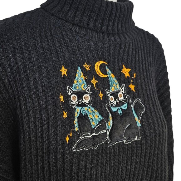 ROMWE Womens Embroidered Celestial Cat Knit Turtleneck Sweater, Black, Size M - Picture 2 of 10